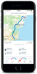 black smartphone with GOFAR mileage app on the screen