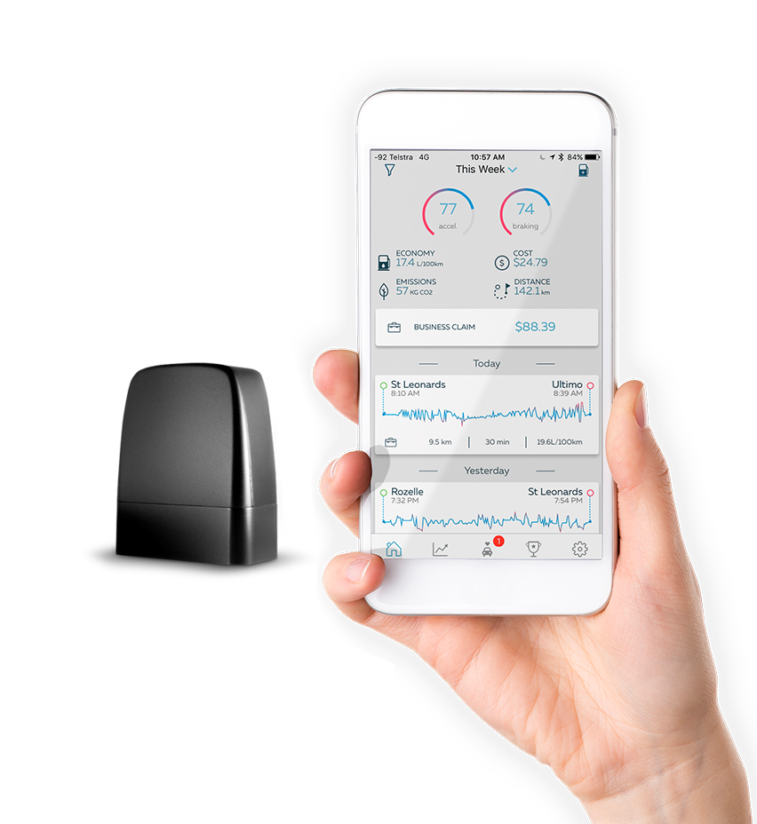 GOFAR adapter and mileage app on smartphone screen